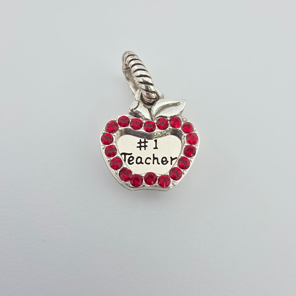 BRIGHTON #1 Teacher Apple Charm Red Crystal Border Engraved Letters Silver Plate